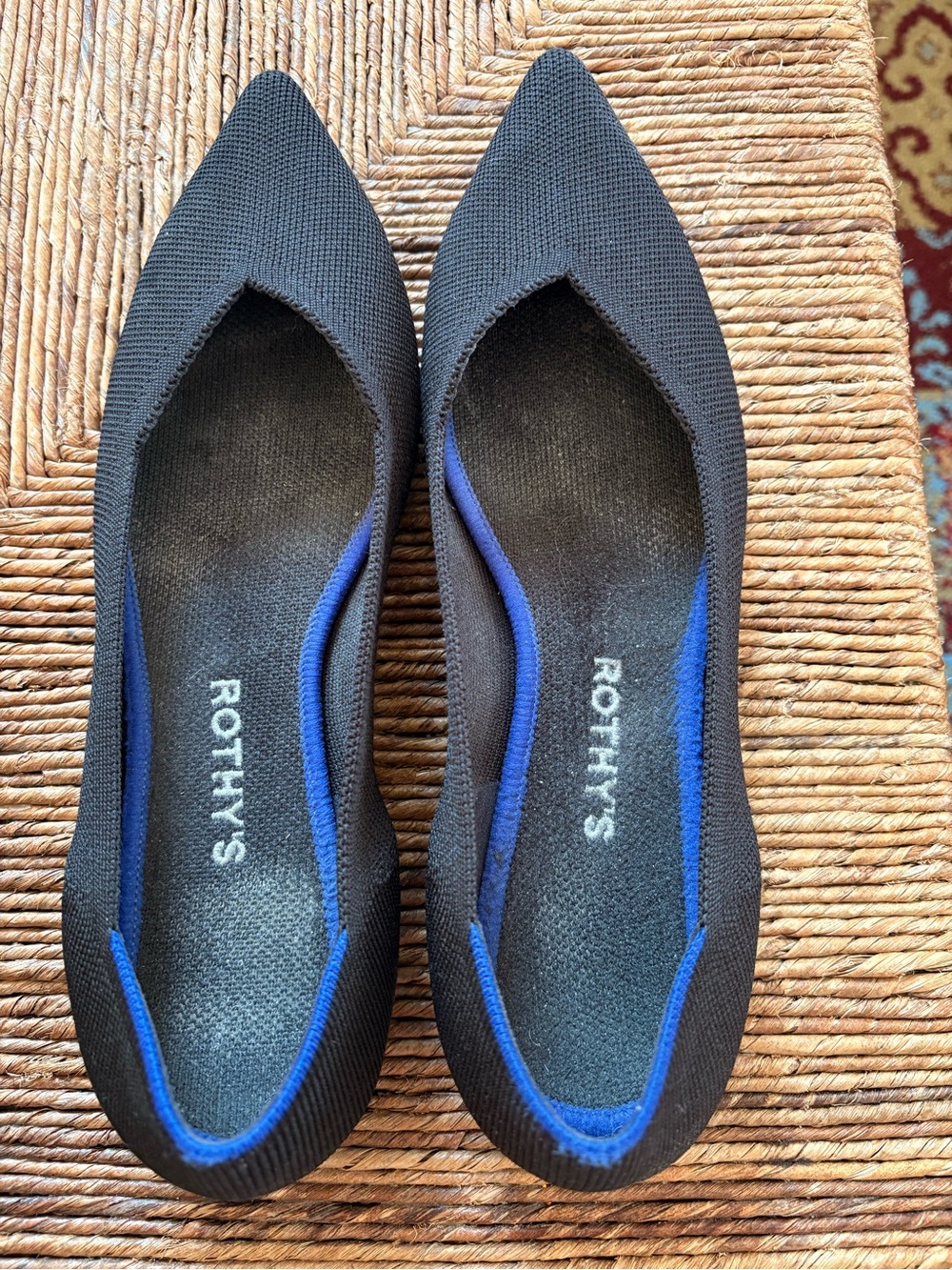 Rothy's Black Pointed Knit Flats with Blue Trim Accents